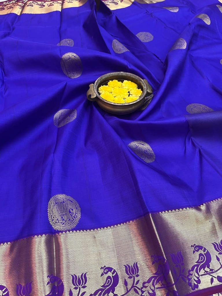 Blue with Dark Red Color Pure Silk Saree Has Peacock & Elephant Butta Design with Unstitched Blouse view 2