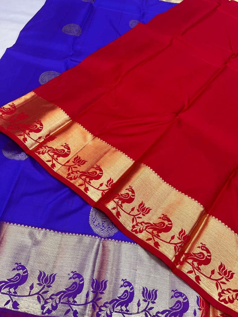 Blue with Dark Red Color Pure Silk Saree Has Peacock & Elephant Butta Design with Unstitched Blouse view 3