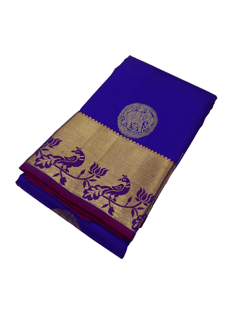 Blue with Dark Red Color Pure Silk Saree Has Peacock & Elephant Butta Design with Unstitched Blouse view 4