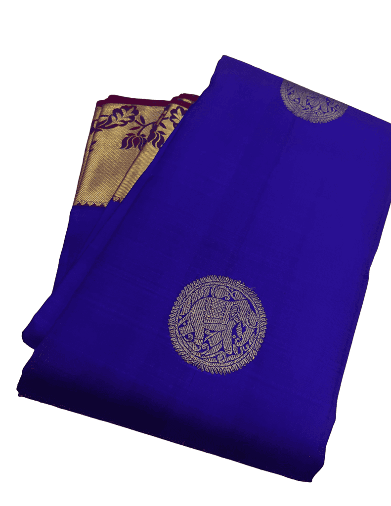 Blue with Dark Red Color Pure Silk Saree Has Peacock & Elephant Butta Design with Unstitched Blouse view 5