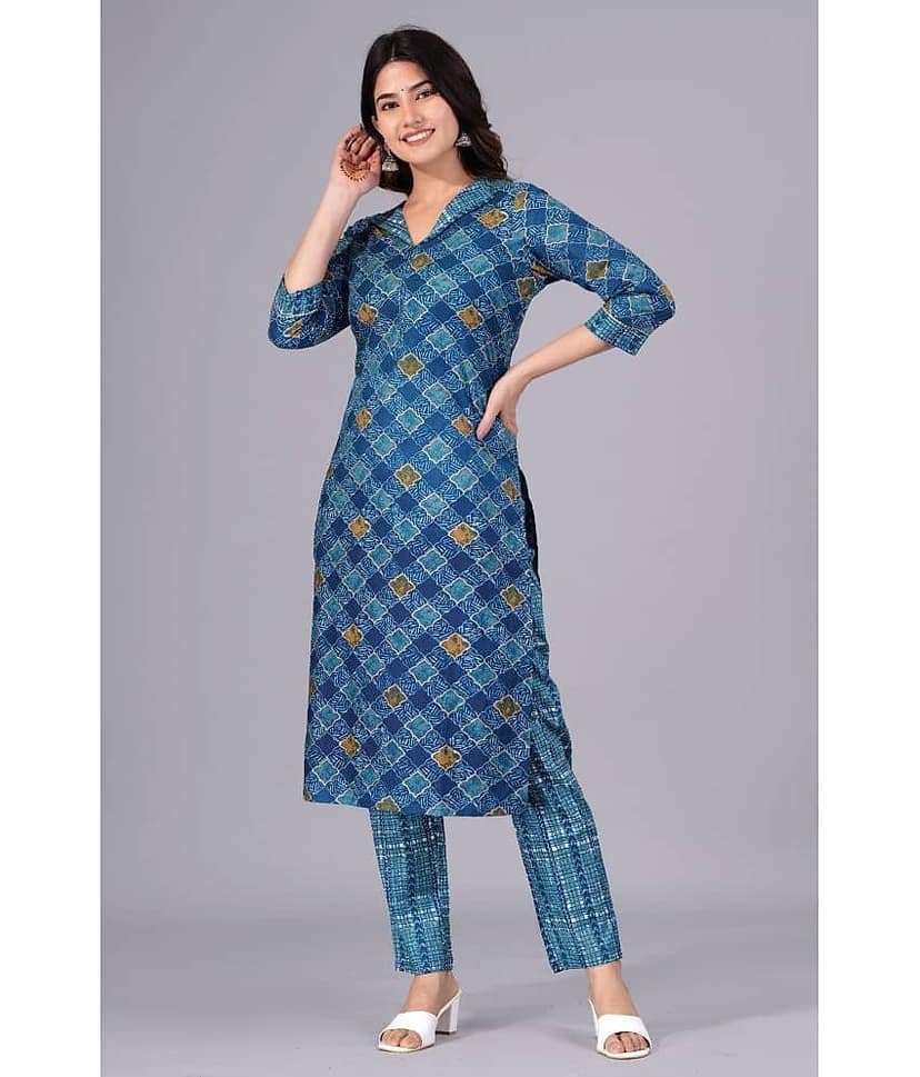 Mishree Collection Cotton Printed Kurti With Pants Women's Stitched Salwar Suit - Blue ( Pack of 1 )