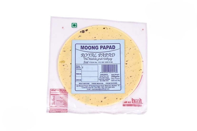 Royal Papad Moong Papad – 200g Pure Veg | Traditional Indian Lentil Papad, Crispy and Crunchy, Authentic Indian Snack, Ready to Fry, Premium Quality, Suitable for Meals and Snacks - 200 gm