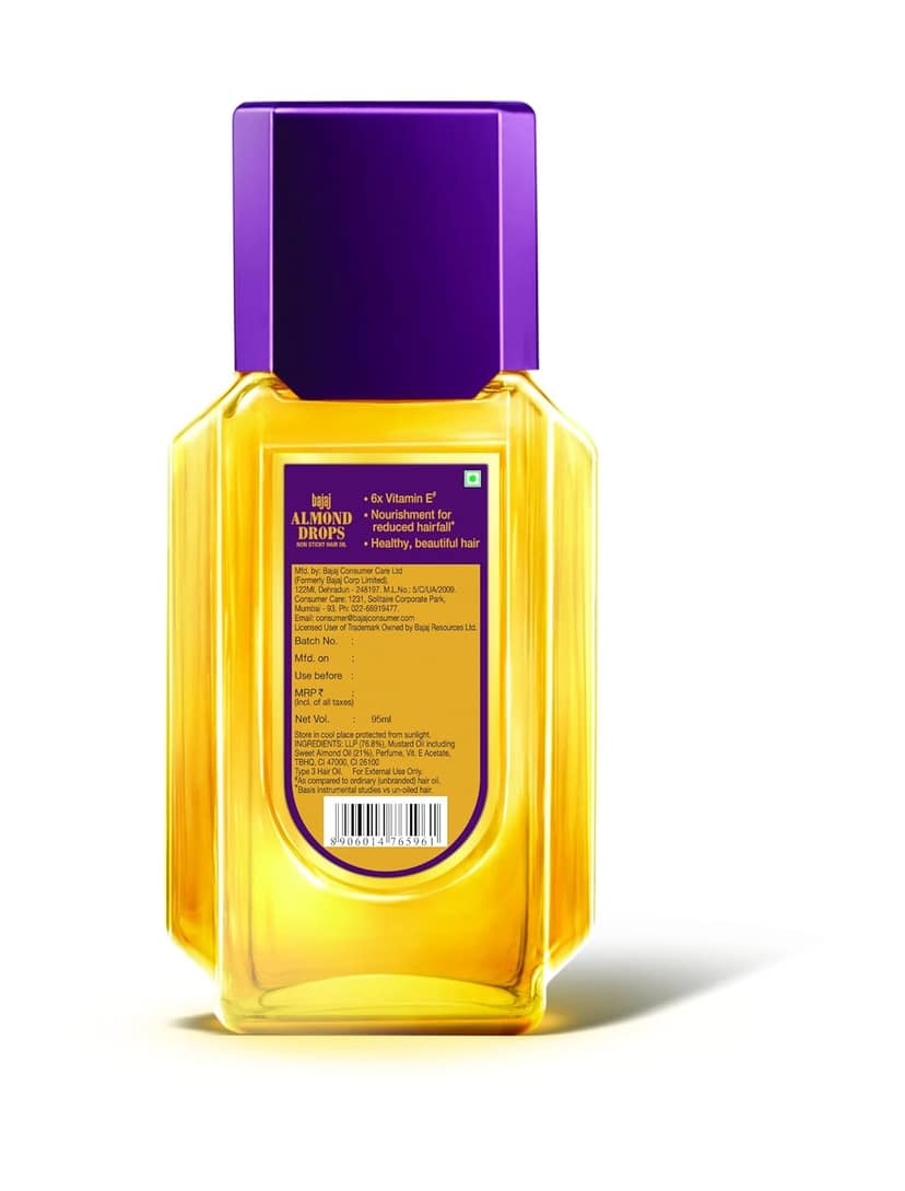 Bajaj Almond Drops Hair Oil, 6X Vitamin E Nourishment, Non-Sticky Hair Oil For Hair Fall Control, 95Ml view 2
