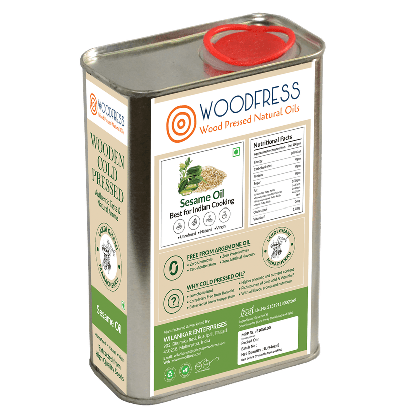 WOODFRESS Pure Cold Pressed Sesame Oil - 1 Litre, Wood Pressed Gingelly Oil, Rich in Omega 6 & 9, Til Oil for Cooking, Woodpress, Metal Tin 1L view 2