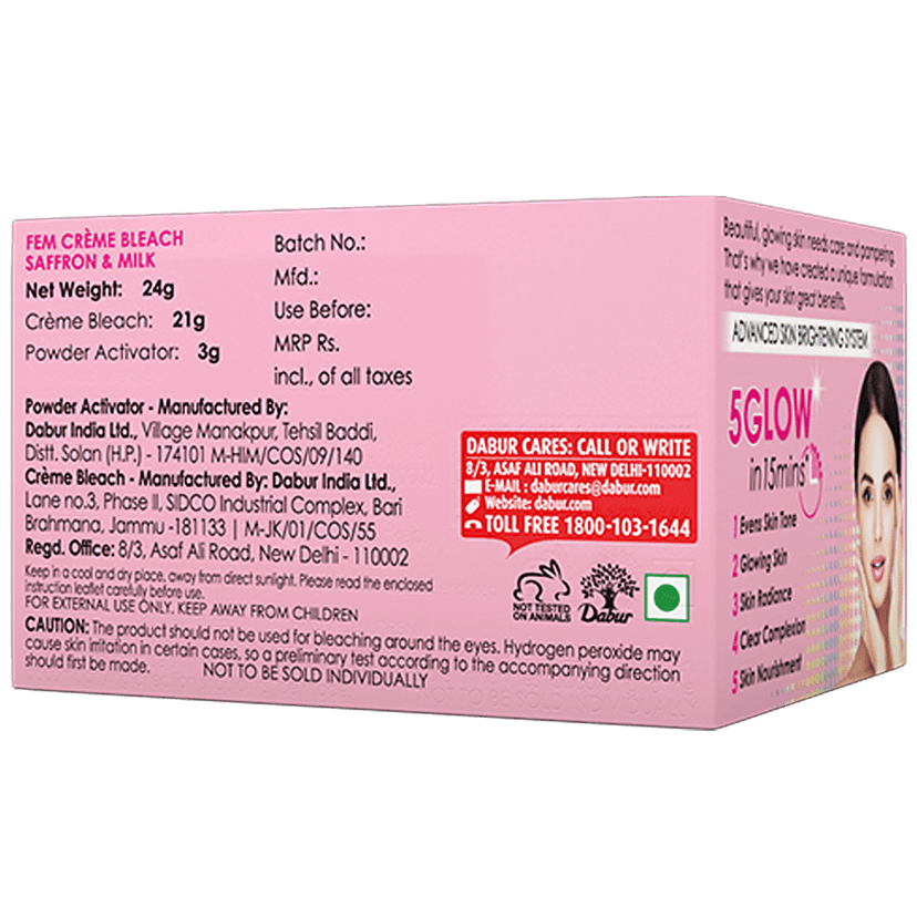 Fem Crème Bleach - Saffron & Milk, Healthy Glow, No Added Silicones, No Added Parabens, 24 G view 2