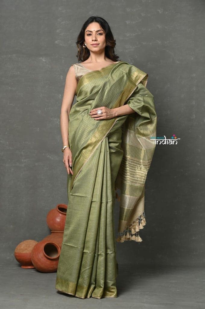 Tyohaar ~ Exclusive! Pure Cotton Handloom Saree By Khadigram Certified Weavers - Sage Green view 2