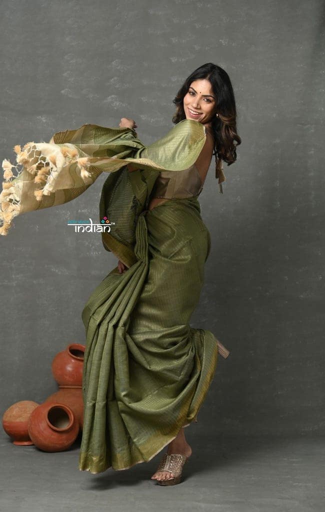 Tyohaar ~ Exclusive! Pure Cotton Handloom Saree By Khadigram Certified Weavers - Sage Green view 3