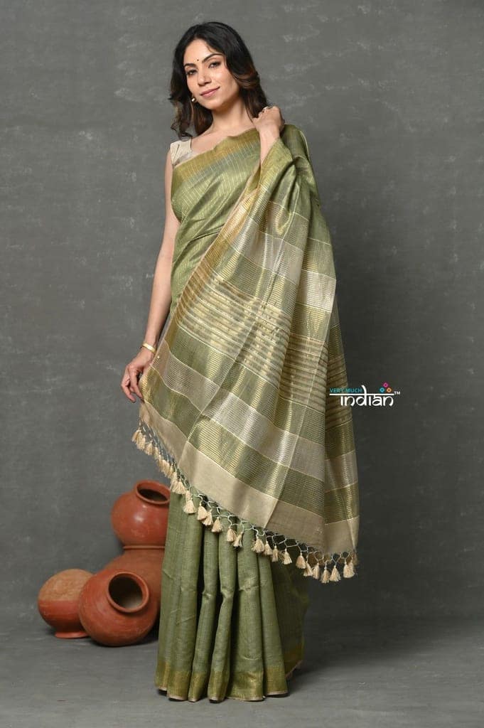 Tyohaar ~ Exclusive! Pure Cotton Handloom Saree By Khadigram Certified Weavers - Sage Green view 4