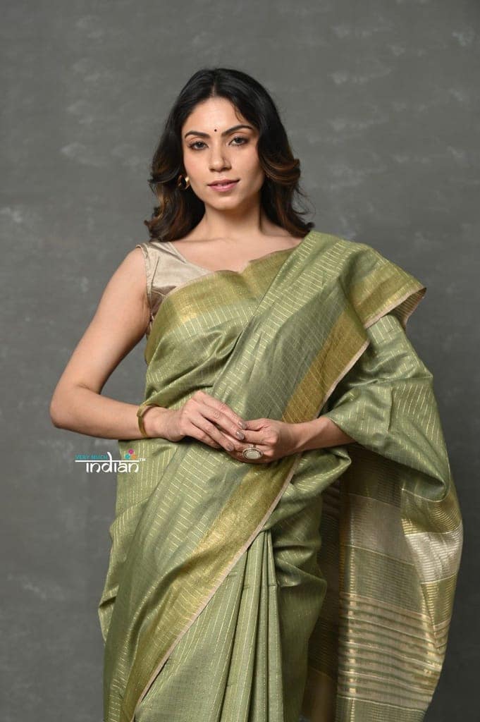 Tyohaar ~ Exclusive! Pure Cotton Handloom Saree By Khadigram Certified Weavers - Sage Green view 5