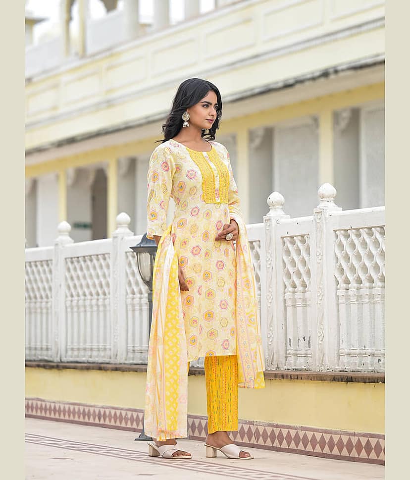 Juniper Cotton Printed Kurti With Pants Women's Stitched Salwar Suit - Yellow ( Pack of 3 ) view 2