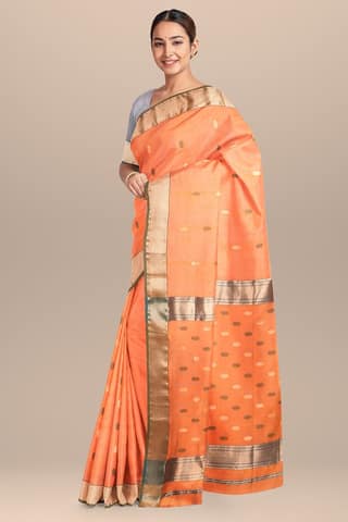 Hand Woven Aerospace Orange Color Traditional Rudraksh Buti Sausar Silk Saree with Zari Border SKU-BS10059