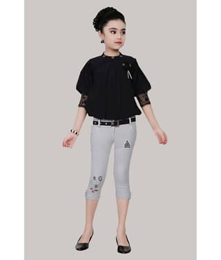 Cherry Tree Pack of 1 Girls Denim Top With Capris ( Black )