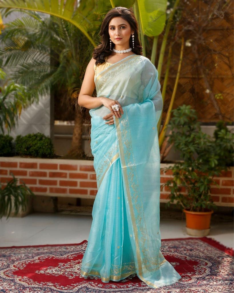 Pure Silk Kota Doria Saree Sky Blue Color allover Hand Pitta work with running blouse-3945