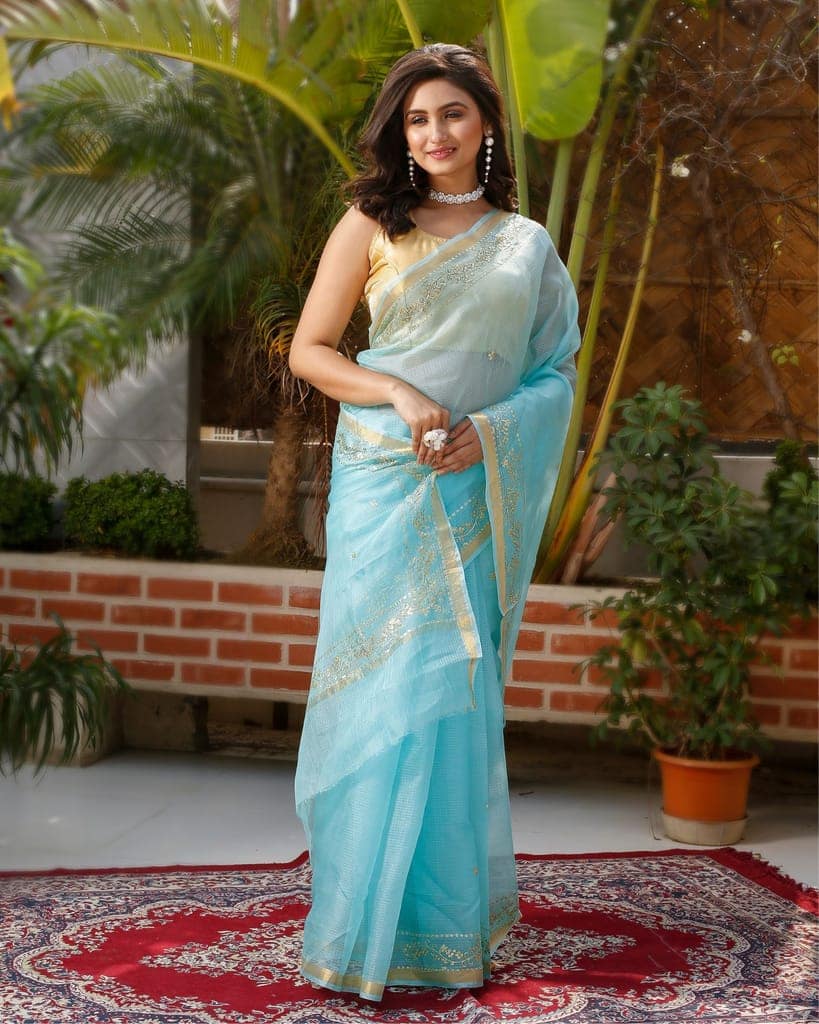 Pure Silk Kota Doria Saree Sky Blue Color allover Hand Pitta work with running blouse-3945 view 2