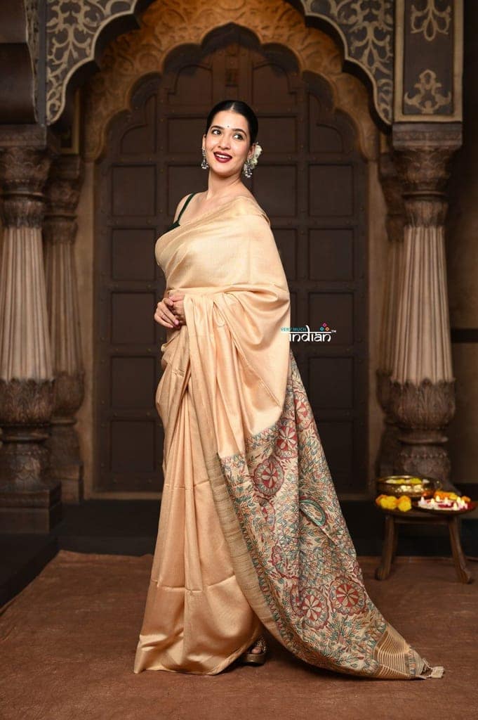 Parampara ~ Elegant Beige Cotton Viscose Saree with Exquisite Hand-Painted Madhubani Art