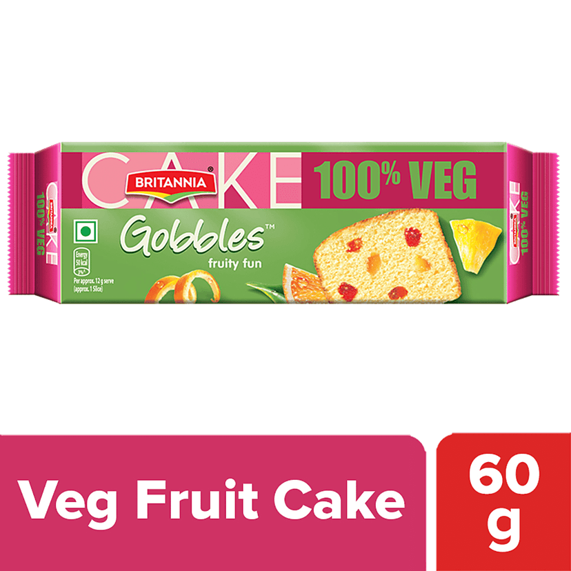 Britannia Gobbles 100% Veg Bar Cake - Fruit, Soft & Fluffy Snack, 60 G