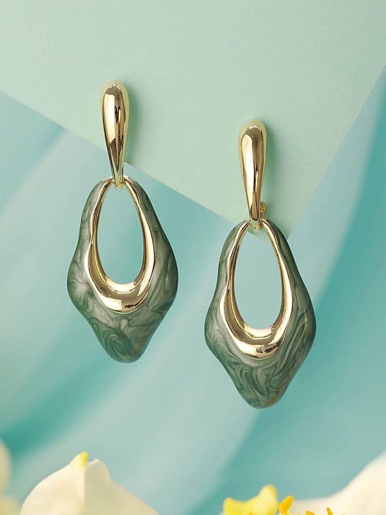 Anti-Tarnish 18k Gold Plated & Emarald Enamelled Hollow Drop Contemporary Earrings view 2