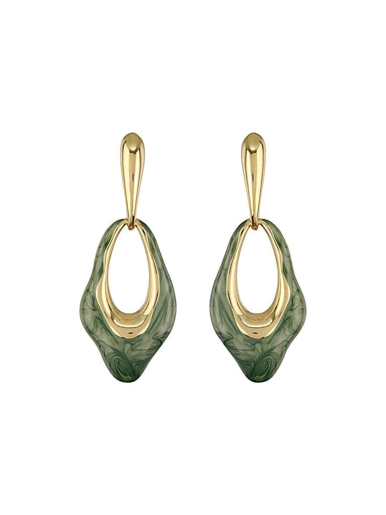 Anti-Tarnish 18k Gold Plated & Emarald Enamelled Hollow Drop Contemporary Earrings view 3