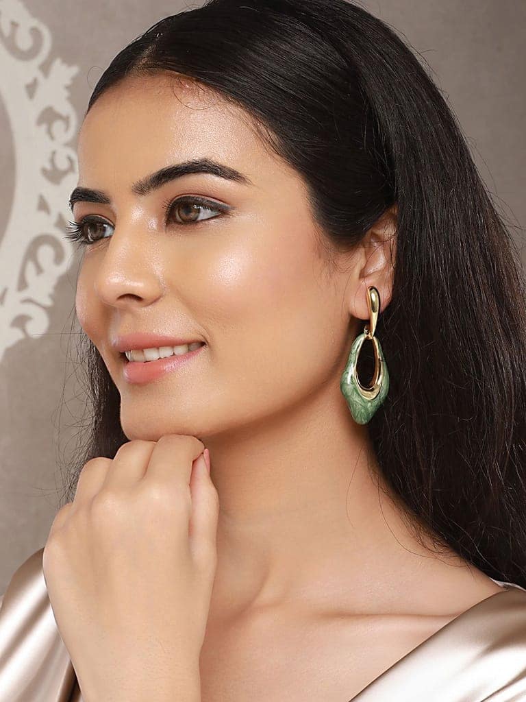 Anti-Tarnish 18k Gold Plated & Emarald Enamelled Hollow Drop Contemporary Earrings view 4