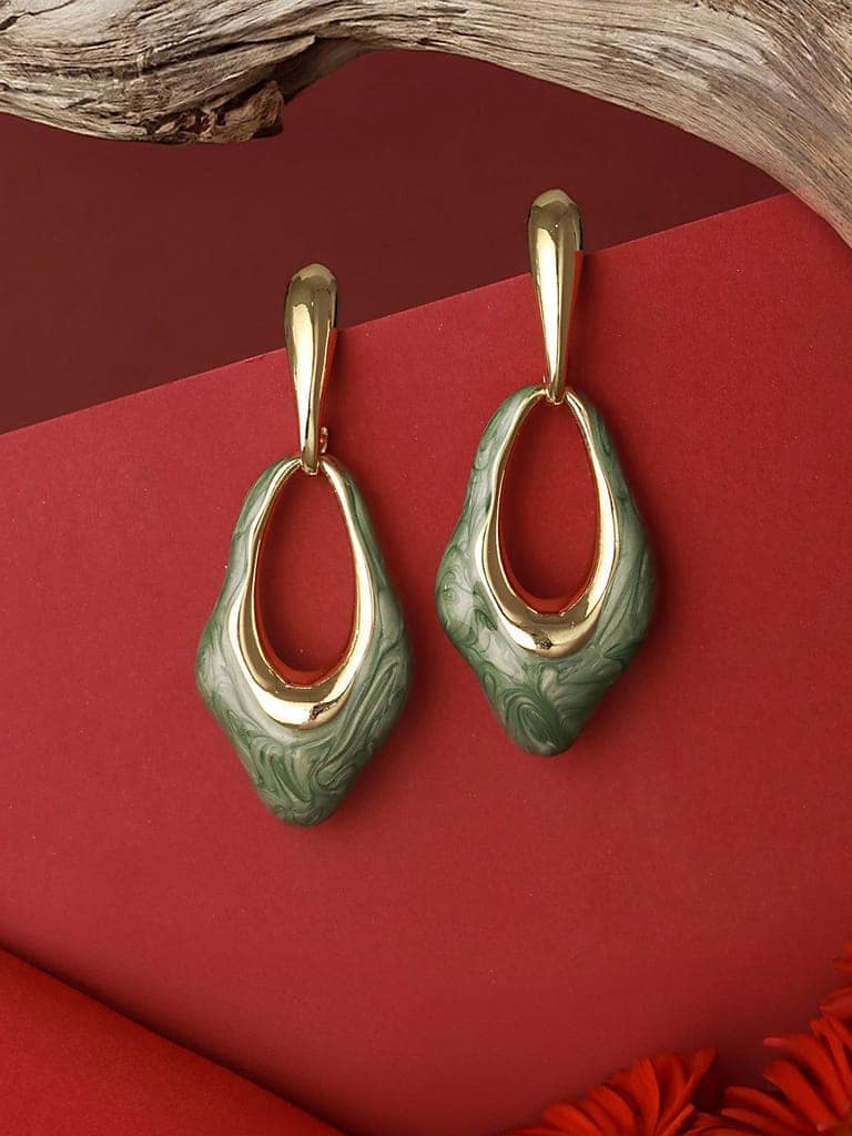 Anti-Tarnish 18k Gold Plated & Emarald Enamelled Hollow Drop Contemporary Earrings view 8