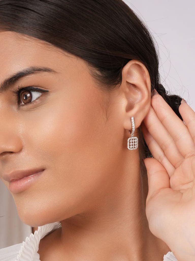 925 Sterling Silver Rhodium Plated Bar Pattern Drop Bali Hoop Earrings view 2