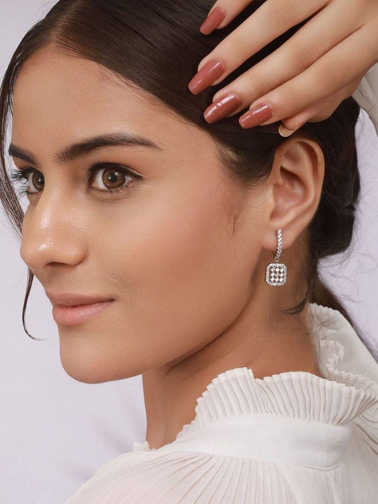 925 Sterling Silver Rhodium Plated Bar Pattern Drop Bali Hoop Earrings view 7