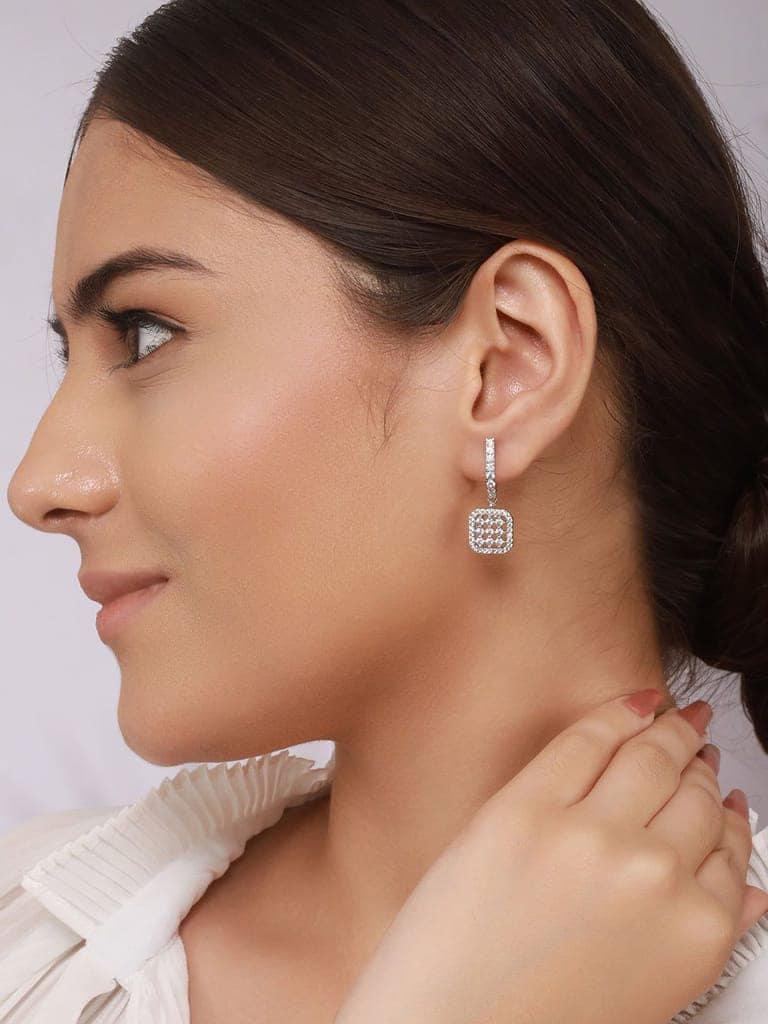 925 Sterling Silver Rhodium Plated Bar Pattern Drop Bali Hoop Earrings view 8