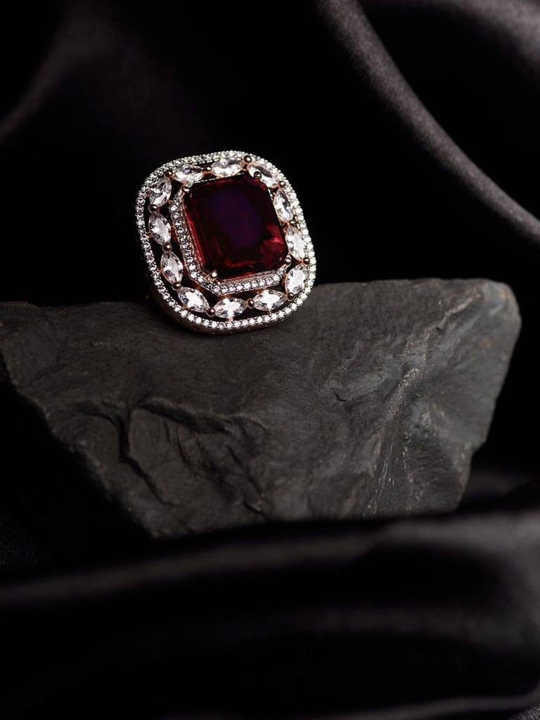 Rose Gold Plated Pink Ruby Studded Adjustable Cocktail Finger Ring view 2