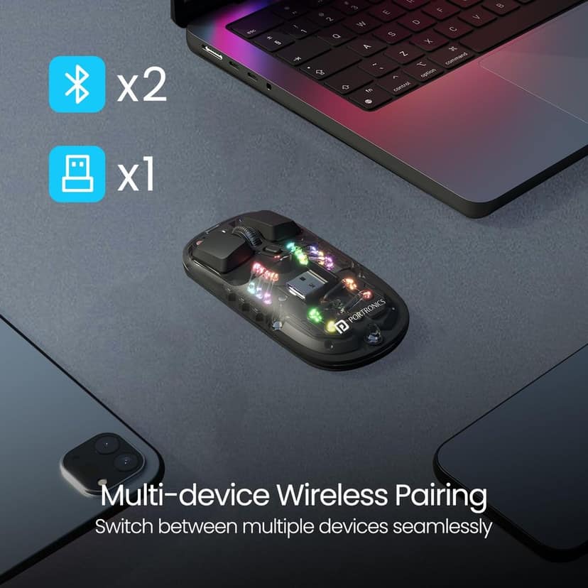 Portronics Toad 5 Transparent Bluetooth Mouse with 2.4 GHz & BT 5.3 Dual Wireless, Rechargeable, RGB Lights, Connect 3 Devices, Sleek Design for Laptop, Smartphone, Tablet (Black) view 3