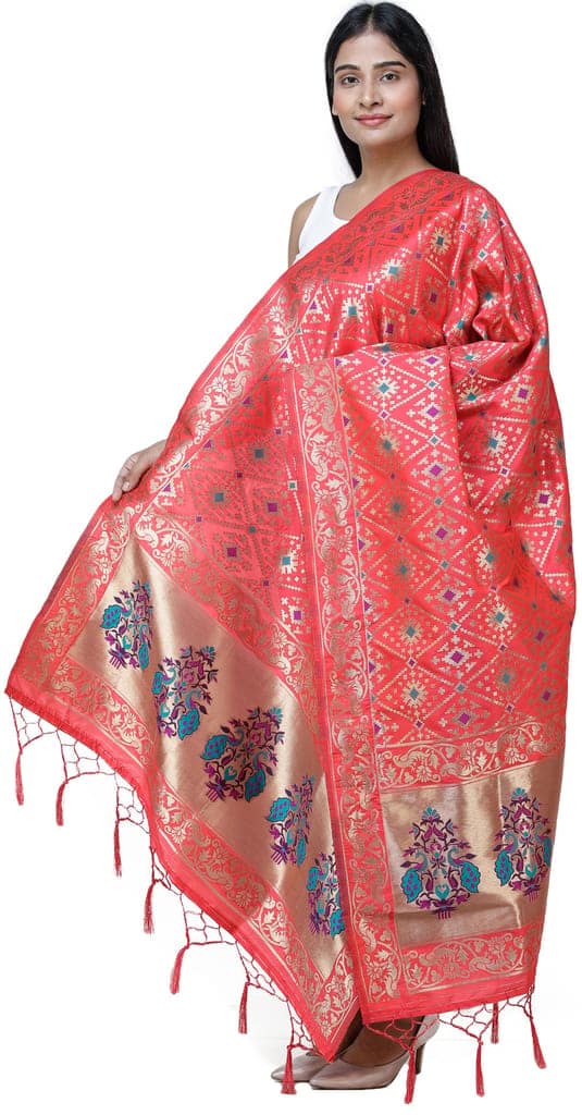 Bittersweet Brocade Dupatta from Gujarat with Birds and Geometric Motifs All-Over view 2