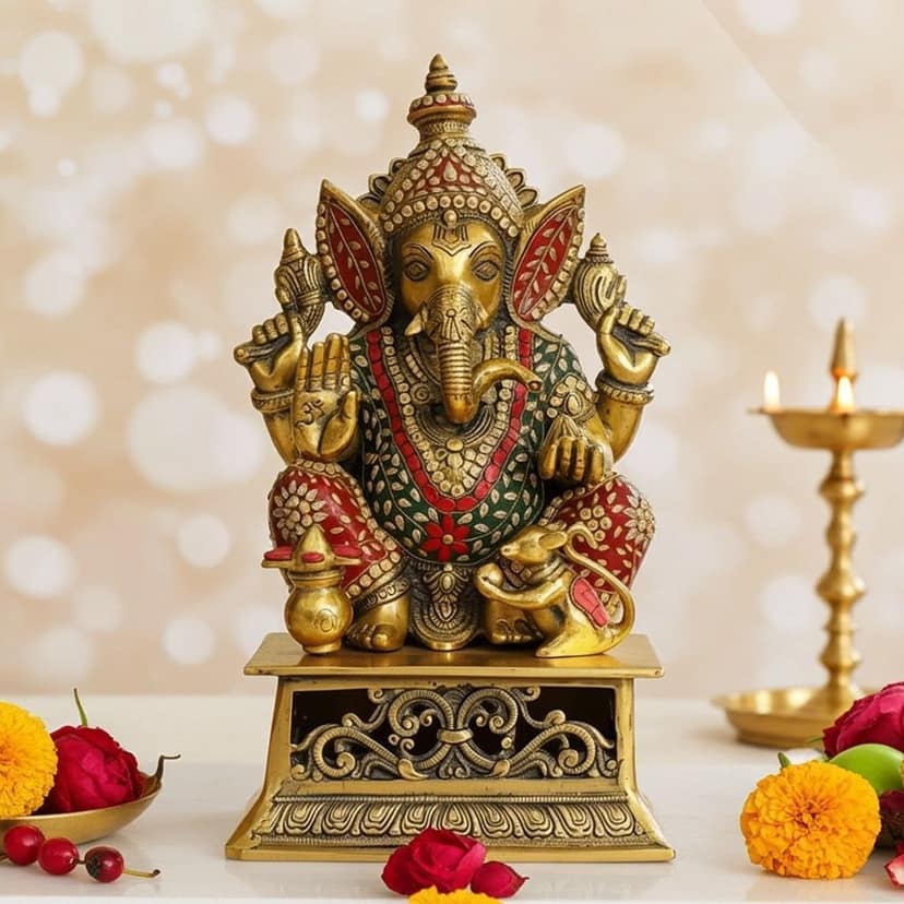 Aluminium Ganesh Idol with Chowki ? Premium Home Decor, Height : Height : 18 Inch (ASMAS491 G)