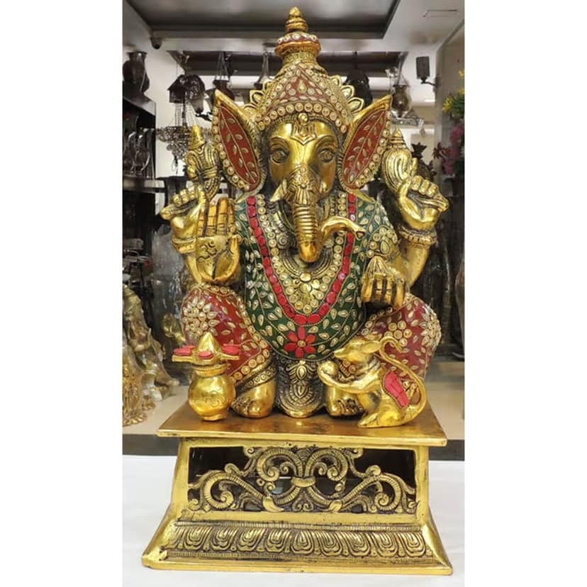 Aluminium Ganesh Idol with Chowki ? Premium Home Decor, Height : Height : 18 Inch (ASMAS491 G) view 2