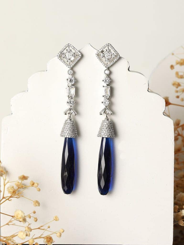 Silver Plated Blue AD Studded Drop statement Earrings view 2