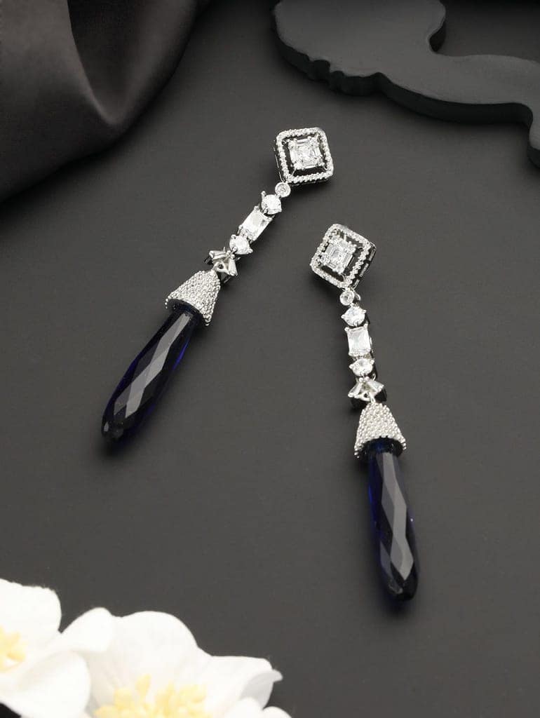 Silver Plated Blue AD Studded Drop statement Earrings view 4