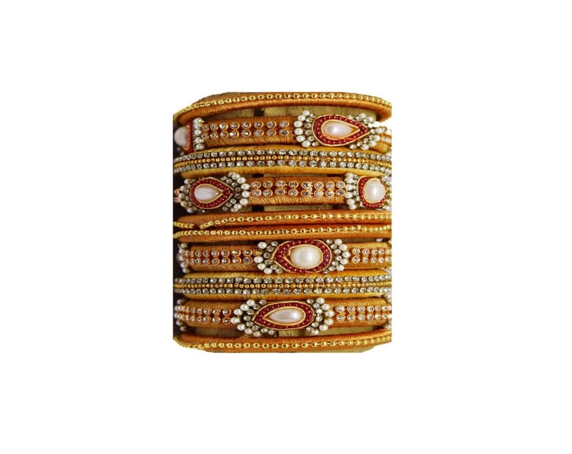 Golden Embellished Thread Bangles with Crystals and Pearls view 2