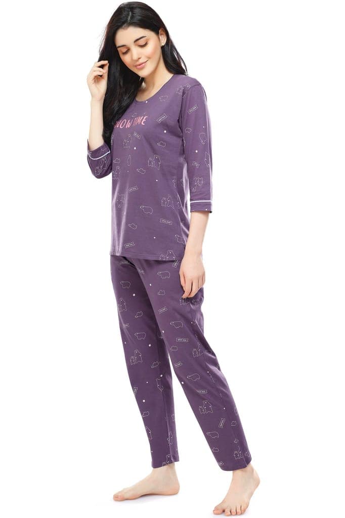 ZEYO Women's Cotton Blue Bear Printed Stylish Night suit set view 4