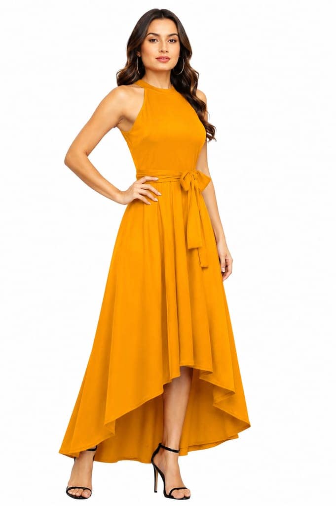 LICOLA Women & Girls Halter Neck High Low Maxi Dress with Waist Tie | Stylish One Piece Long Gown for Women | Sleeveless Western Dress for Women Party Wear & Casual view 2