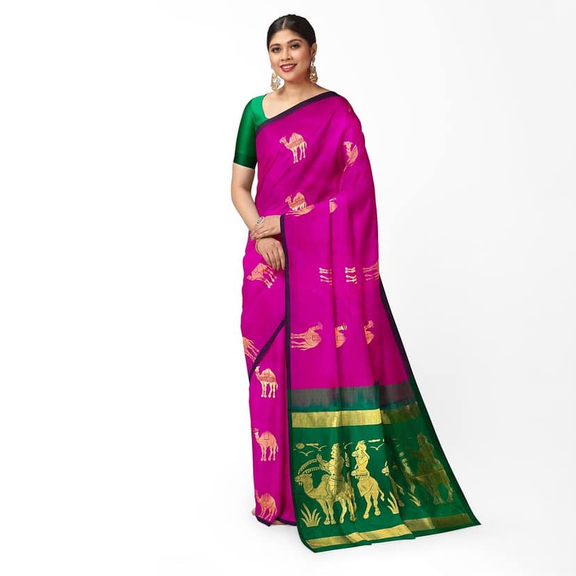 Dark Rose Color Camel Butta Mixed Soft Silk Saree with Unstitched Blouse