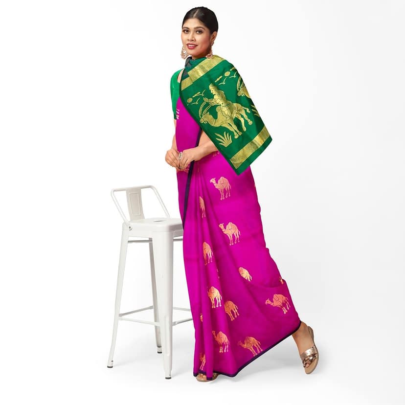 Dark Rose Color Camel Butta Mixed Soft Silk Saree with Unstitched Blouse view 2