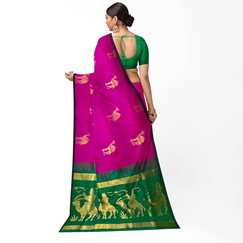 Dark Rose Color Camel Butta Mixed Soft Silk Saree with Unstitched Blouse view 3