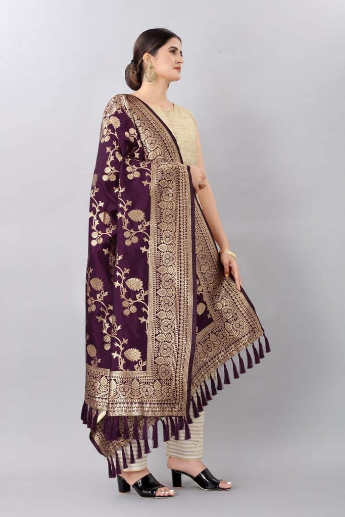 Women Burgandy &amp; Gold Coloured Jacquared Banarasi Dupatta view 2