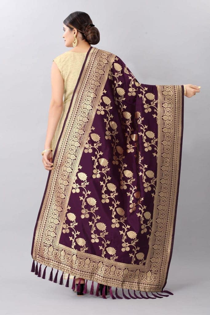 Women Burgandy &amp; Gold Coloured Jacquared Banarasi Dupatta view 3