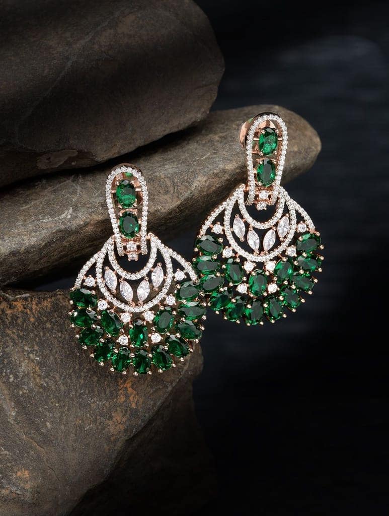 Rose Gold Plated Emerald AD studded Floral design Earrings view 2