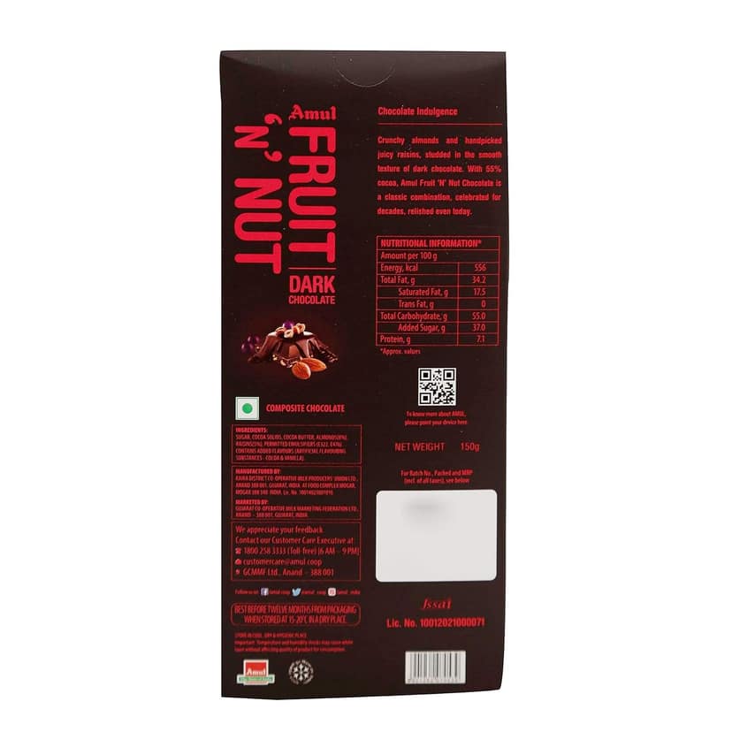Amul Dark Chocolate Bar Fruit N Nut, 150 G view 2