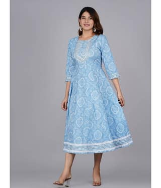 Jaipuri Collection - Blue Cotton Women's Flared Kurti ( Pack of 1 )