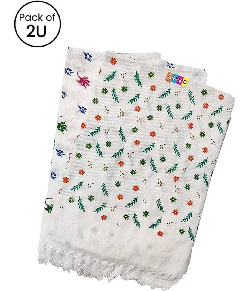 AMRO Beautility Needs - Cotton White Printed Bath Towel ( 75x150 ) cm Below 300 -GSM ( Pack of 2 )