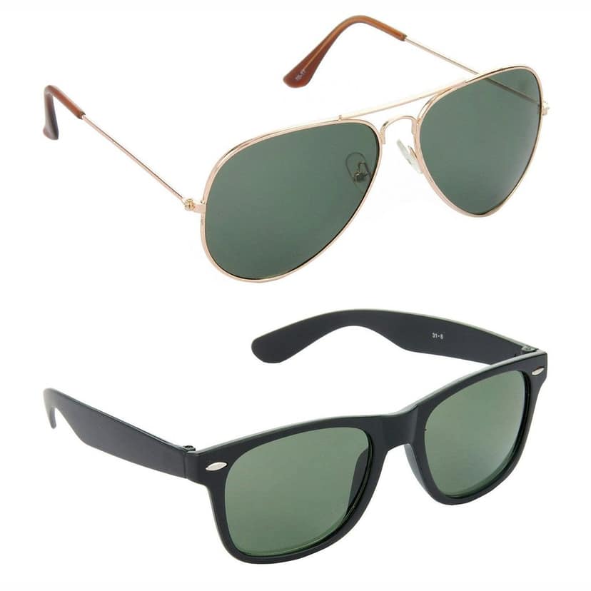 HRINKAR Men Women Boys & Girls Pilot & Rectangular Sunglasses Golden & Black Frame, Green & Green Lens (Medium) Pack of - 2
