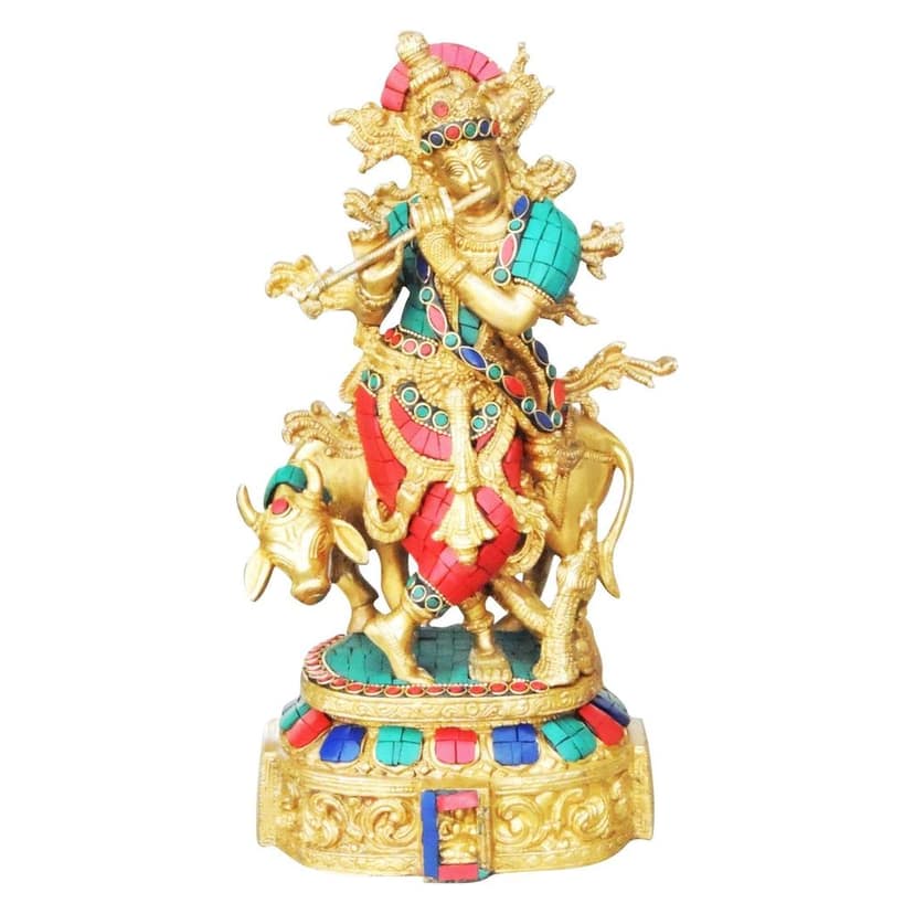 Brass Cow Krishna Stone Idol (BSMAS431) view 2