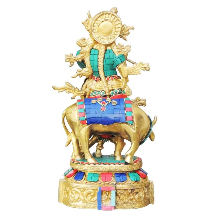 Brass Cow Krishna Stone Idol (BSMAS431) view 3