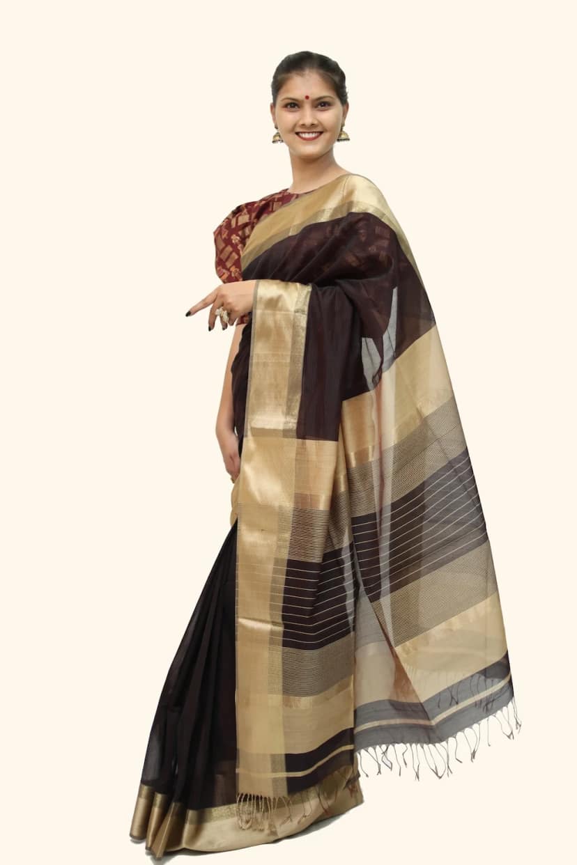 Grand Black handwoven Resham Border Saree with Tassels